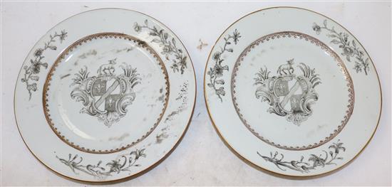 A Chinese armorial en grisaille and gold part service, c.1750, 29cm and 32.5cm